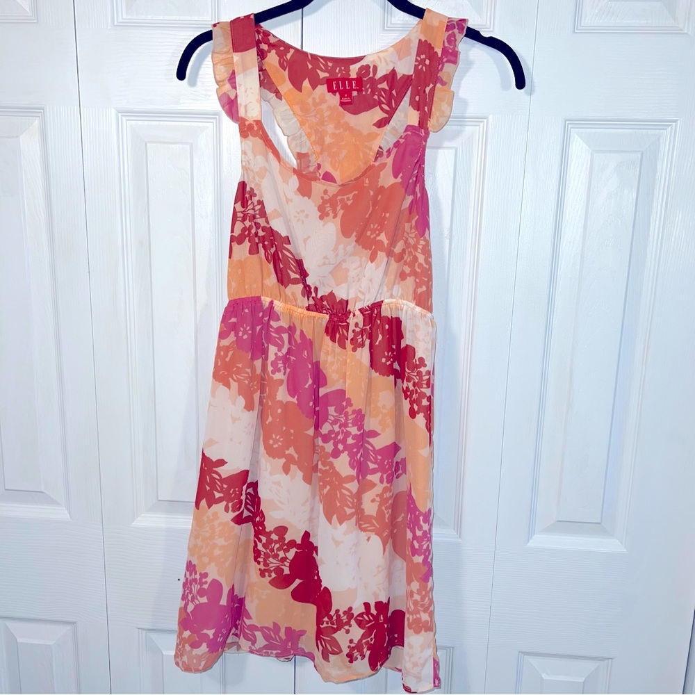 ELLE Sleeveless Floral A-Line Dress in Pink & Peach Small